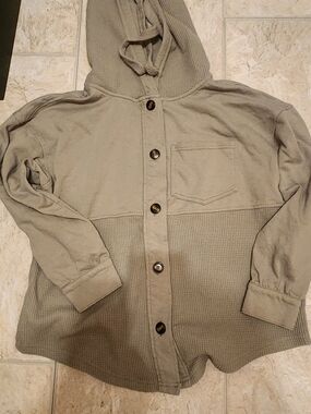 Hooded Olive Green Button-Down Shirt Jacket